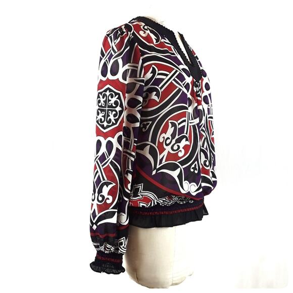 NICOLE MILLER Long Sleeve Multi Colored Blouse Black Red Shirt Top Size M - Picture 2 of 6